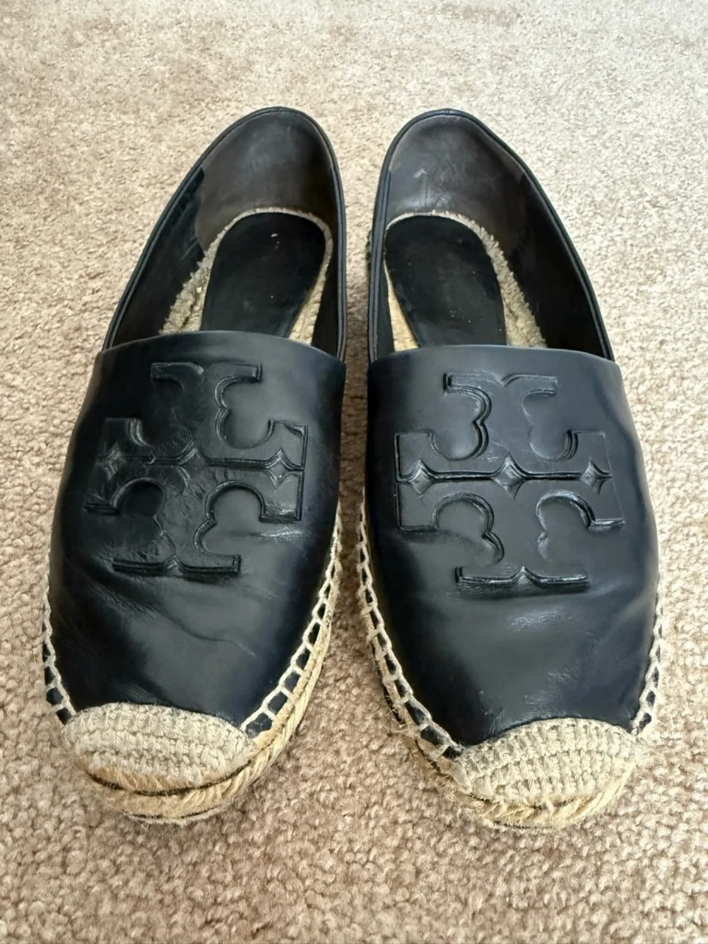Tory Burch Ines Platform Black Leather Espadrille Flat
